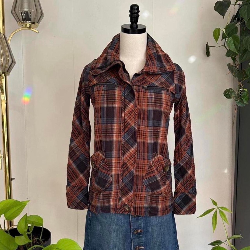 Lois Brand Y2K Plaid Jacket Brown Orange Navy Tall Collar Euro Spain Small
